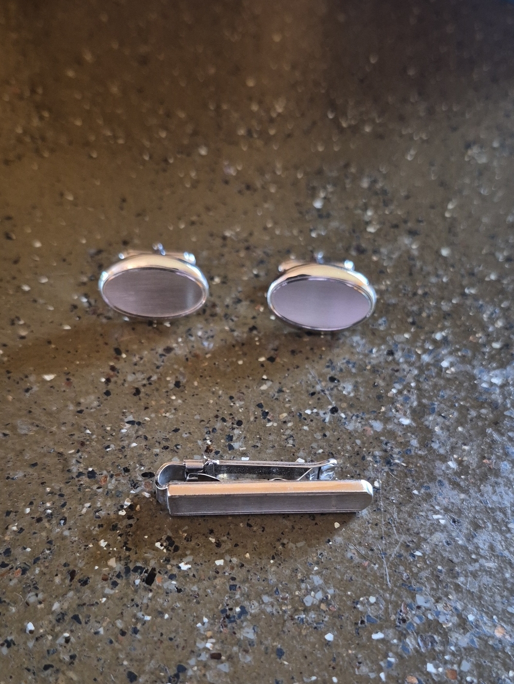 Polished Silver Oval Cufflinks with Matching Tie Clip